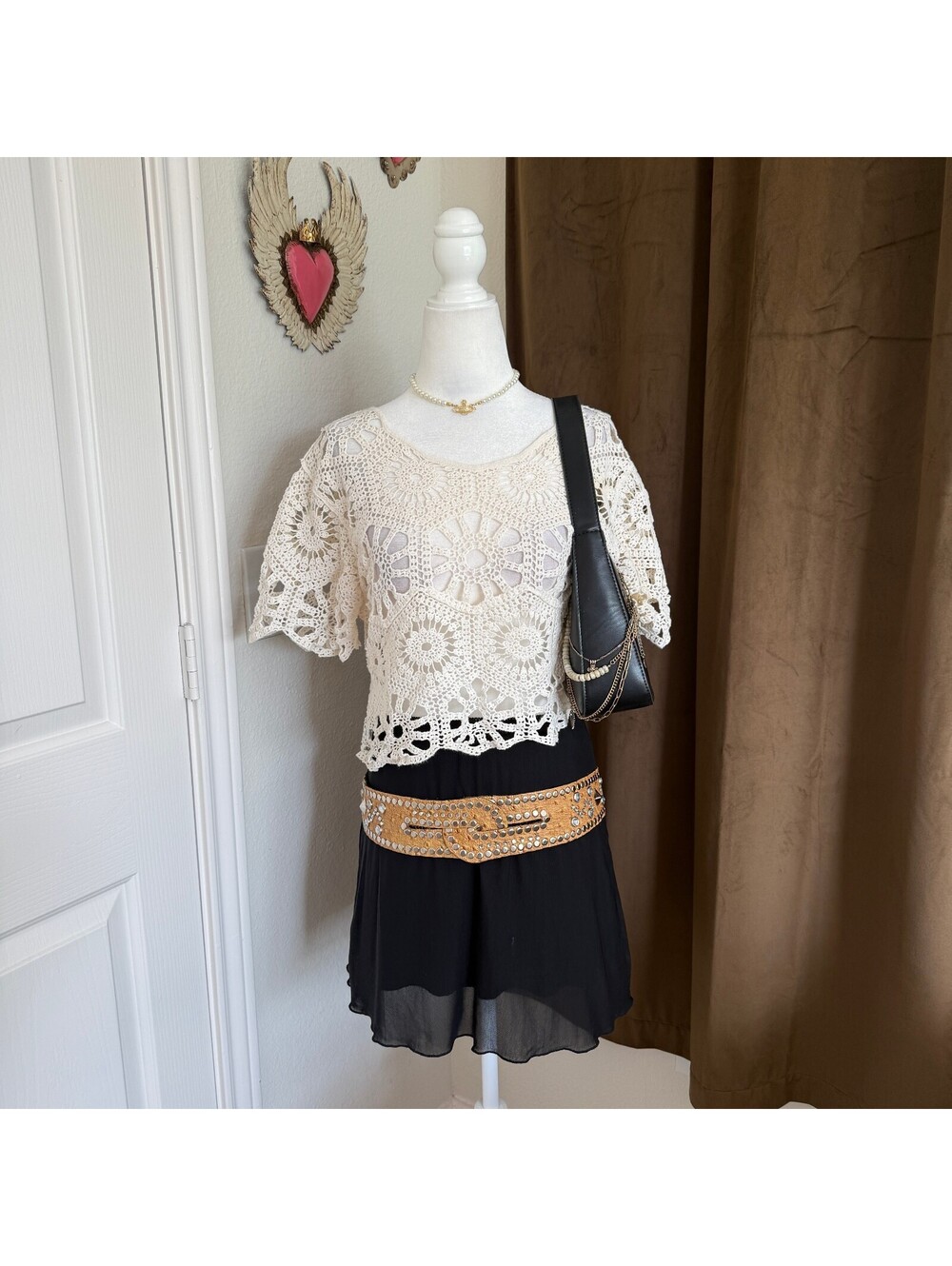 Rebellion Ivory Crochet Cropped Top Sz M 100% Cotton Boho Fairycore Festival